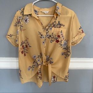 Pink Rose Yellow Tie Up Short Sleeved Blouse L